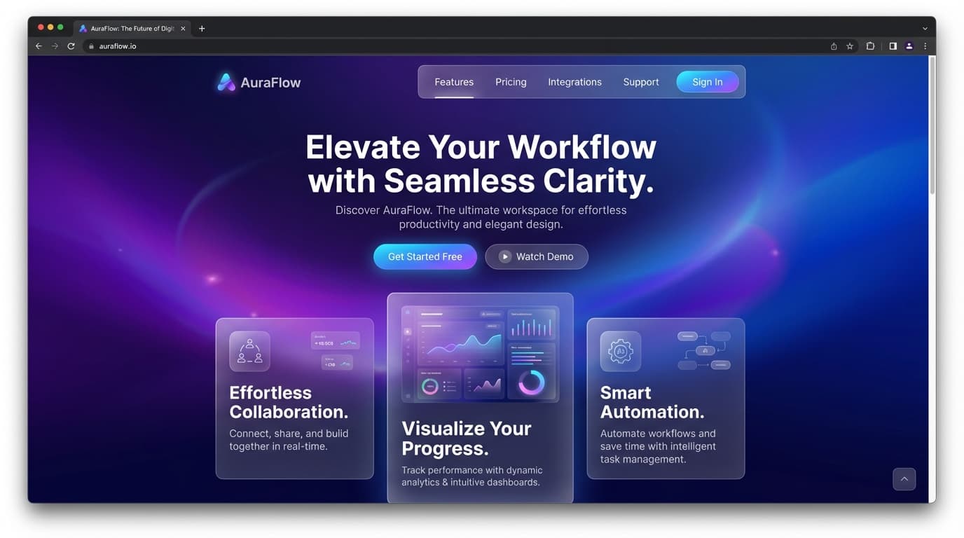 Website preview from the Glassmorphism Landing Page prompt