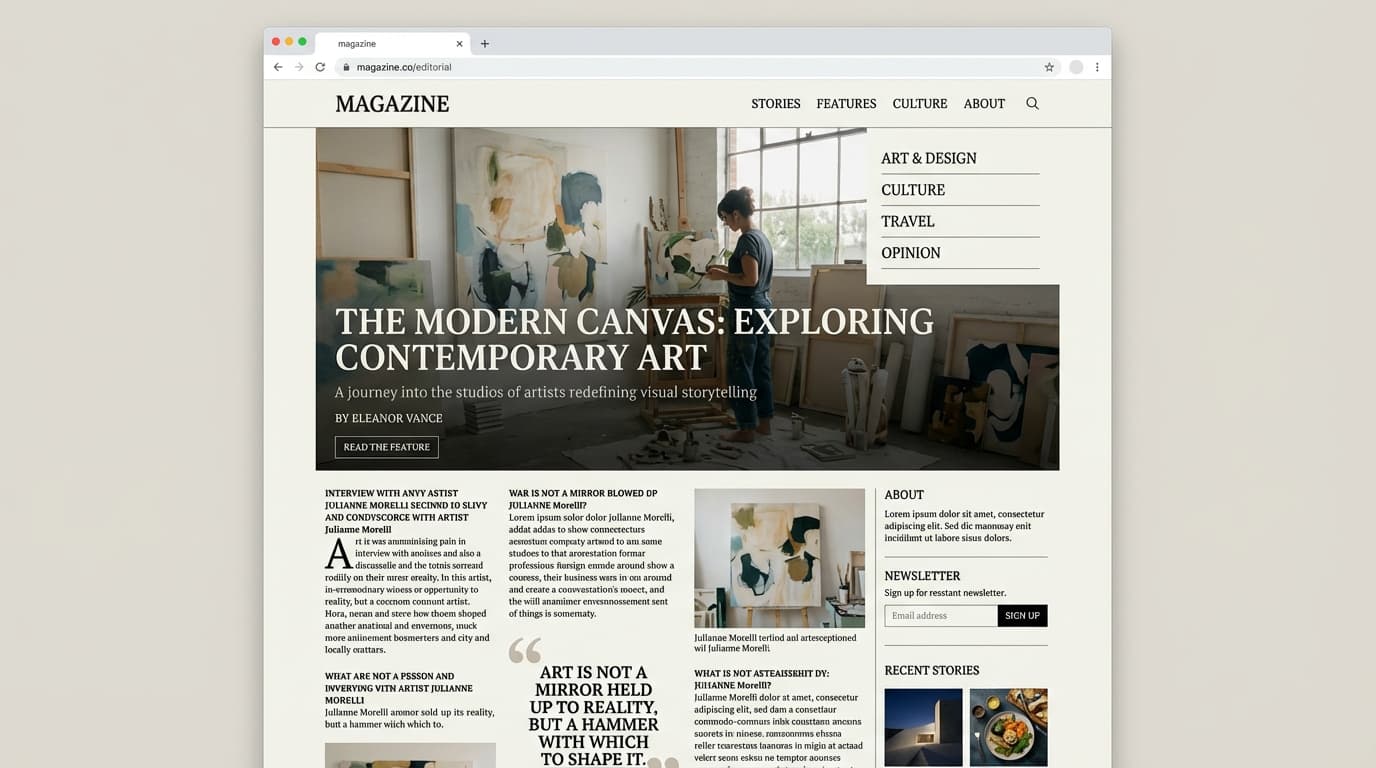 Website preview from the Magazine Editorial Blog prompt